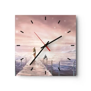 Wanduhr - Glasuhr - Eine Frau auf einem Steg in einer magischen Sonnenuntergangskulisse - 30x30cm - Im Licht eines Traums - Moderne Wanddekoration für Wohnzimmer und Schlafzimmer ARTTOR