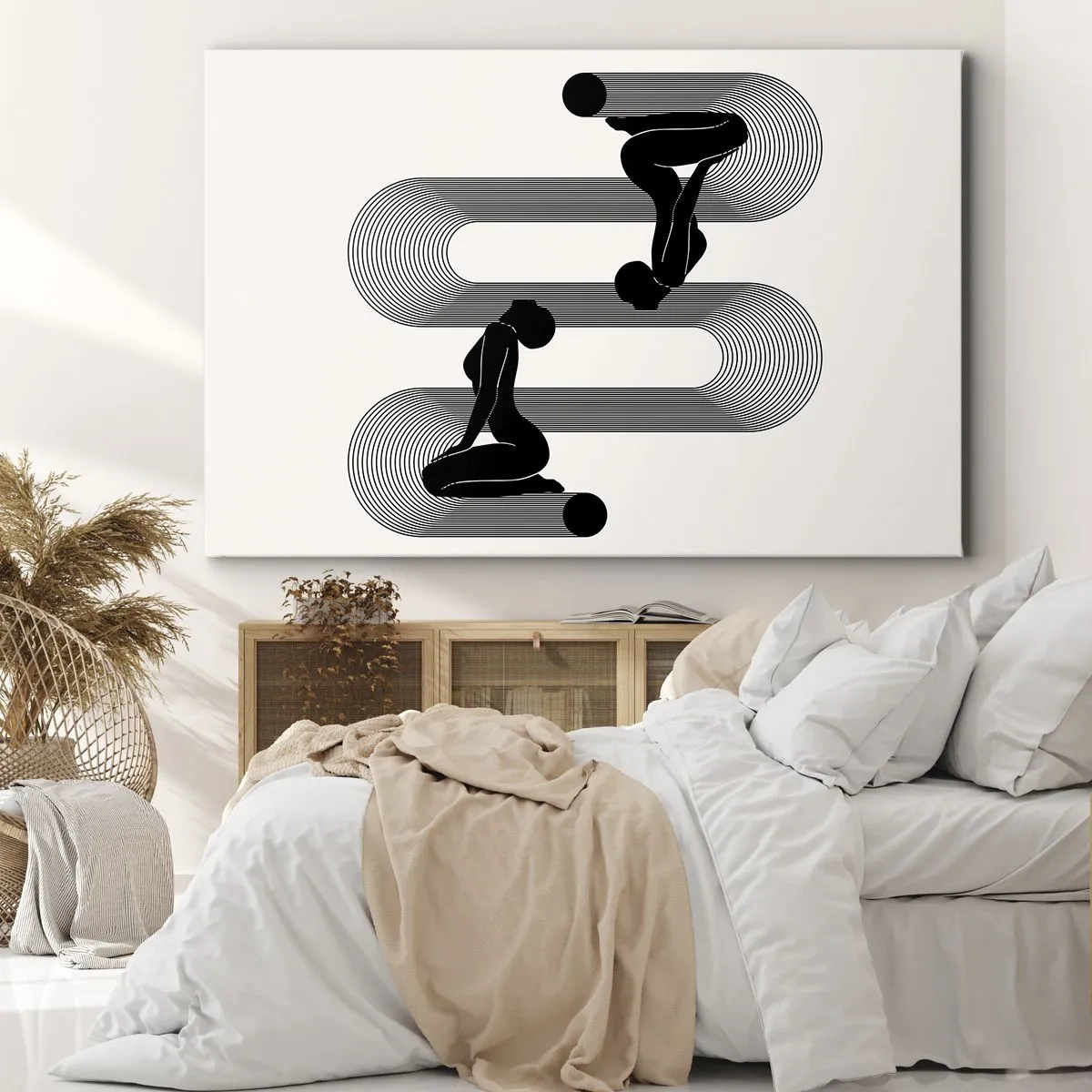 Bild auf Leinwand - Leinwandbild - Schwarze Silhouetten mit geometrischen Linien auf hellem Hintergrund - 70x50cm - Sinnliche Symmetrie - Moderne Wanddekoration für Wohnzimmer und Schlafzimmer ARTTOR