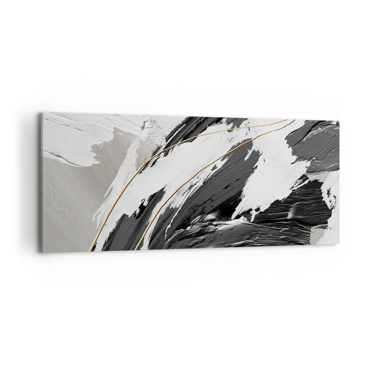 Bild auf Leinwand - Leinwandbild - Schwarze und weiße Pinselstriche mit einem subtilen goldenen Akzent - 120x50cm - Abstraktion in großem Stil - Moderne Wanddekoration für Wohnzimmer und Schlafzimmer ARTTOR