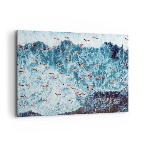 Bild auf Leinwand - Leinwandbild - Eine Vogelperspektive auf rosa Flamingos über einem blauen Ozean - 120x80cm - Die Küstenparade - Moderne Wanddekoration für Wohnzimmer und Schlafzimmer ARTTOR