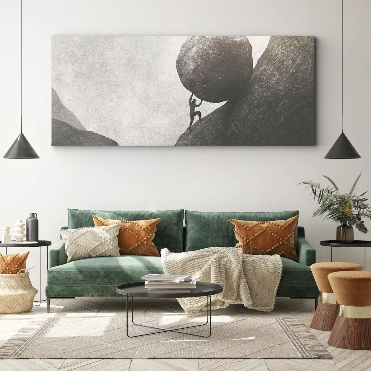 Bild auf Leinwand - Leinwandbild - Ein Mann klettert einen riesigen Felsbrocken einen Hügel hinauf - 160x50cm - Ich glaube wider alle Hoffnung - Moderne Wanddekoration für Wohnzimmer und Schlafzimmer ARTTOR
