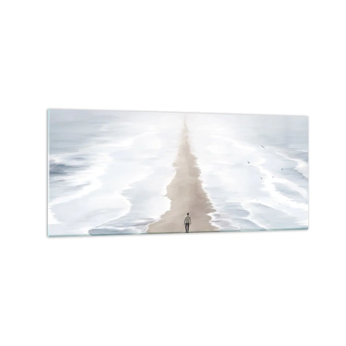 Glasbild - Bild auf glas - Eine Figur auf einer einsamen Straße inmitten einer weiten Wasserlandschaft - 120x50cm - Glänzende Zukunft - Moderne Wanddekoration für Wohnzimmer und Schlafzimmer ARTTOR