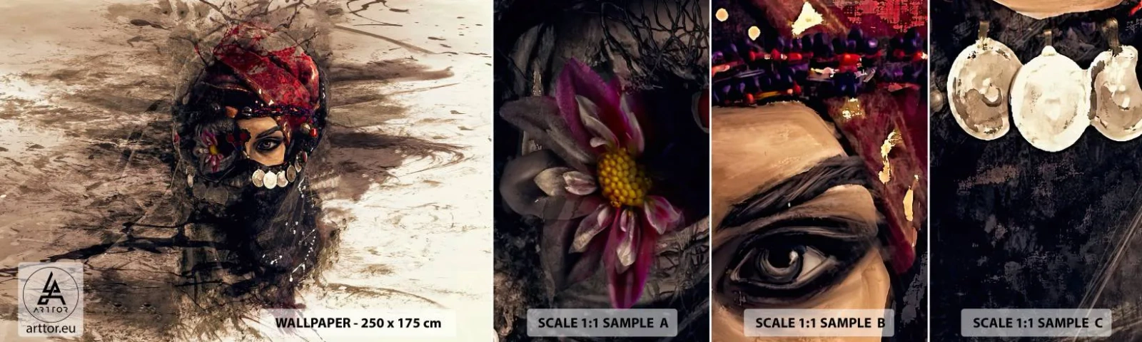 Fototapetenmuster Standard Eco - Gelinde gesagt besorgniserregend - Abstraktion, Das Gesicht einer Frau, Orientalische Symbole - 100x30 cm