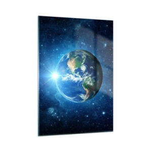 Glasbild - Bild auf glas - Erde aus dem Weltraum mit Lichtstrahlen gesehen - 50x70cm - Wir sind im Himmel - Moderne Wanddekoration für Wohnzimmer und Schlafzimmer ARTTOR