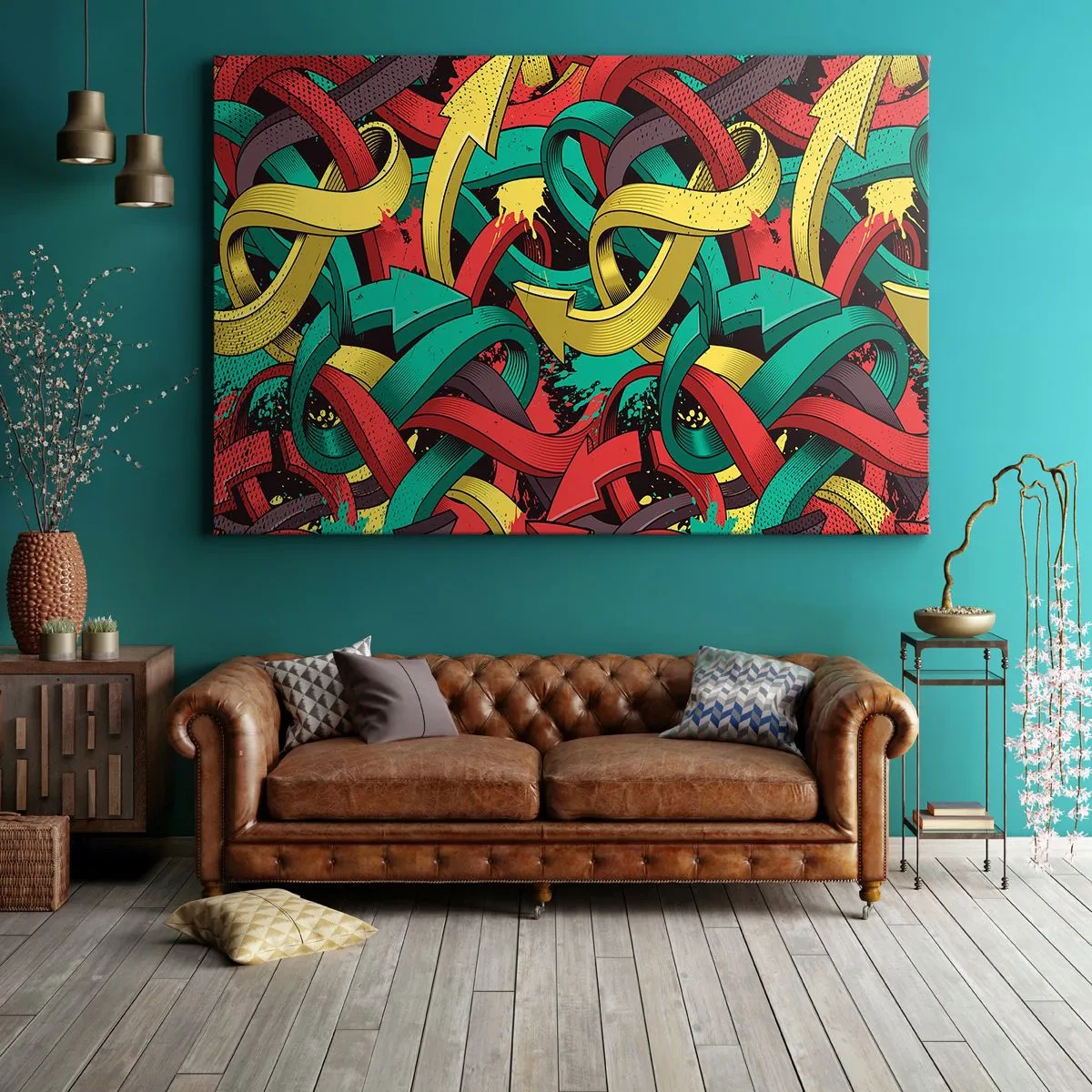Bild auf Leinwand - Leinwandbild - Abstrakte Pfeile in leuchtenden Farben schaffen Chaos - 70x50cm - Welcher Weg zum Ziel? - Moderne Wanddekoration für Wohnzimmer und Schlafzimmer ARTTOR