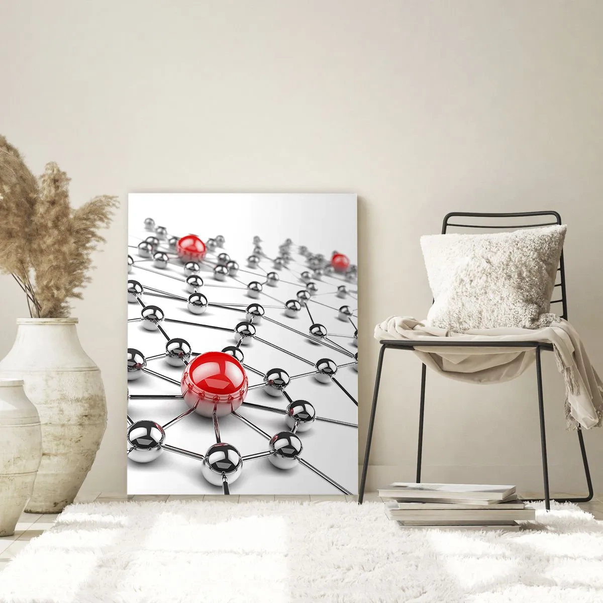 Glasbild - Bild auf glas - Ein Netzwerk aus metallischen Kugeln mit roten Akzenten - 80x120cm - Silbriges Netz - Moderne Wanddekoration für Wohnzimmer und Schlafzimmer ARTTOR