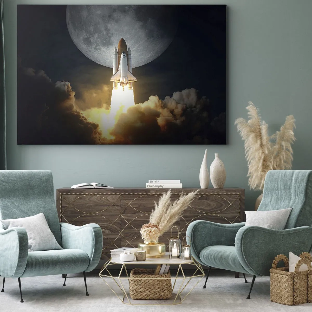 Bild auf Leinwand - Leinwandbild - Eine Rakete hebt vor dem Hintergrund eines Vollmonds ab, umgeben von dynamischen Wolken. - 120x80cm - Beginn eines überirdischen Abenteuers - Moderne Wanddekoration für Wohnzimmer und Schlafzimmer ARTTOR