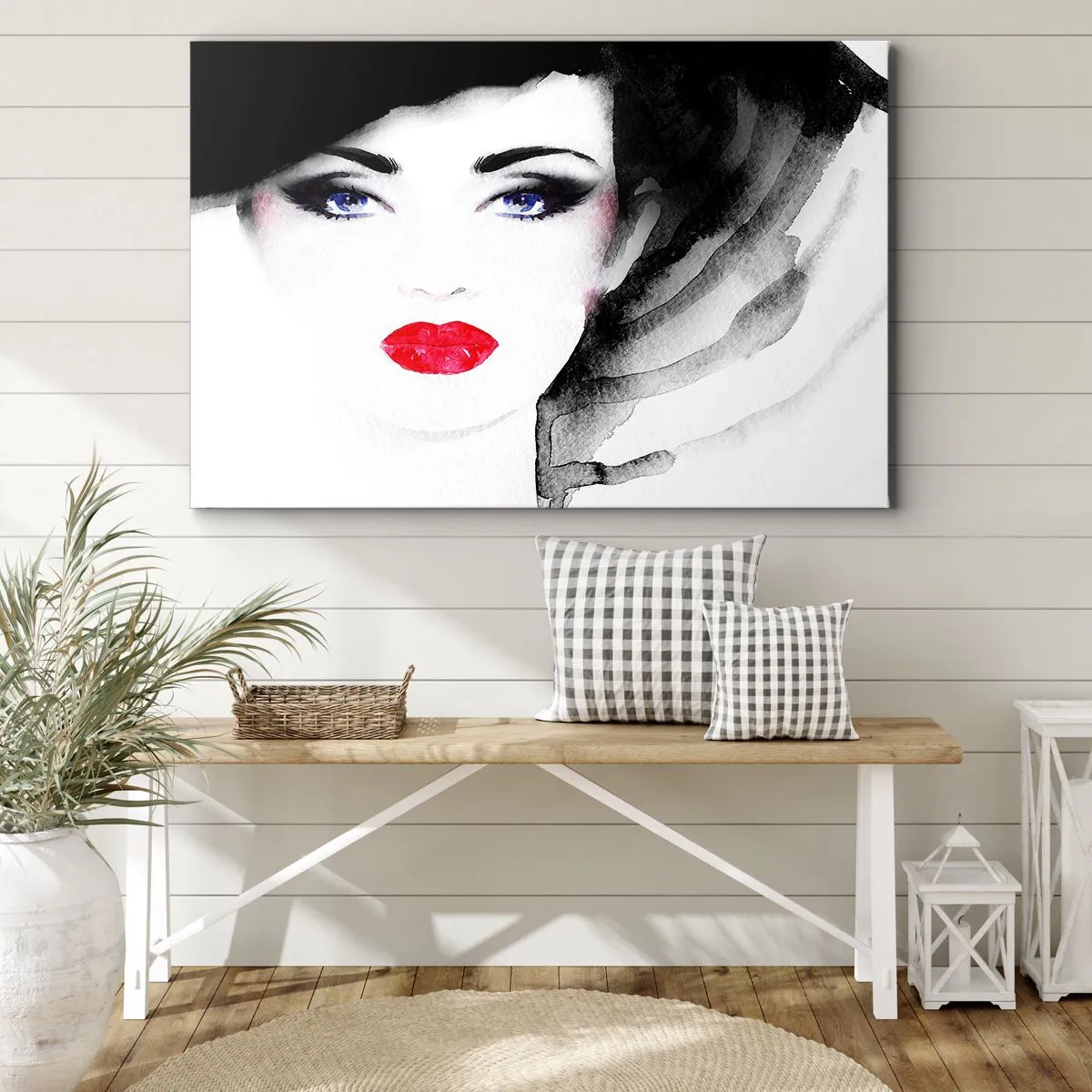 Bild auf Leinwand - Leinwandbild - Porträt einer Frau mit roten Lippen und intensiven blauen Augen - 120x80cm - Er drückt zurück und ruft an - Moderne Wanddekoration für Wohnzimmer und Schlafzimmer ARTTOR