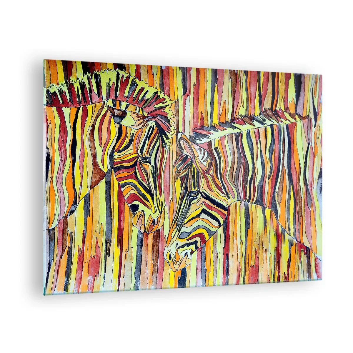 Glasbild - Bild auf glas - Bunte Zebras im künstlerischen Aquarell-Stil - 70x50cm - Also du auch... - Moderne Wanddekoration für Wohnzimmer und Schlafzimmer ARTTOR