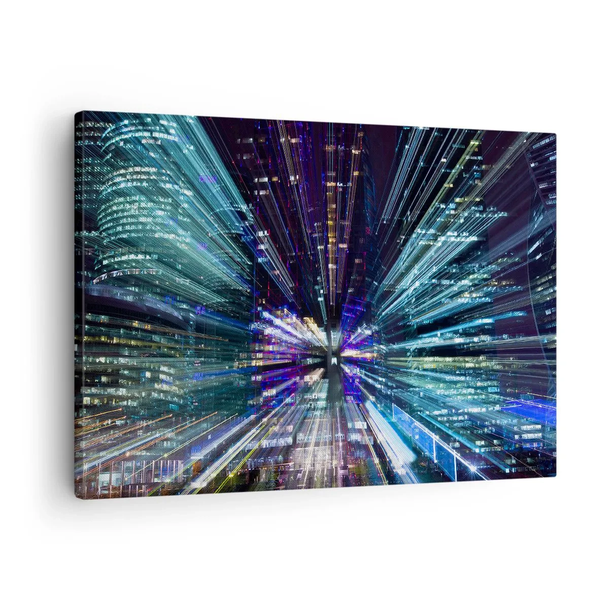 Bild auf Leinwand - Leinwandbild - Dynamische Ansicht der Stadt bei Nacht mit Lichteffekt - 70x50cm - Übergang zum Hyperraum - Moderne Wanddekoration für Wohnzimmer und Schlafzimmer ARTTOR
