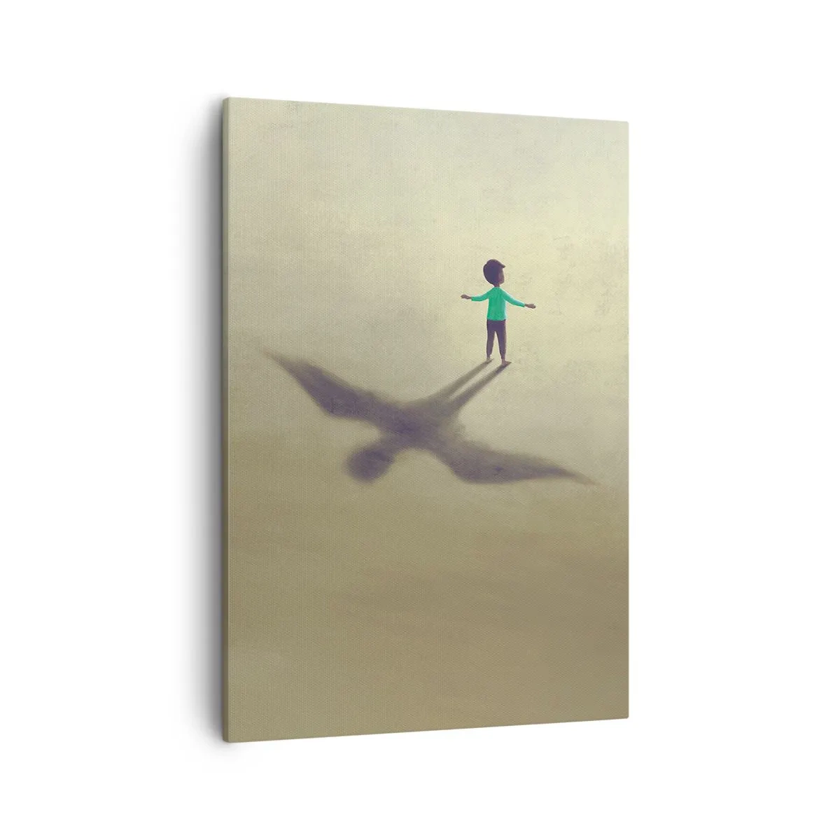 Bild auf Leinwand - Leinwandbild - Eine symbolische Figur eines Kindes mit dem Schatten eines Vogels vor einem Hintergrund in warmen Farbtönen. - 50x70cm - Der Held der Zukunft - Moderne Wanddekoration für Wohnzimmer und Schlafzimmer ARTTOR