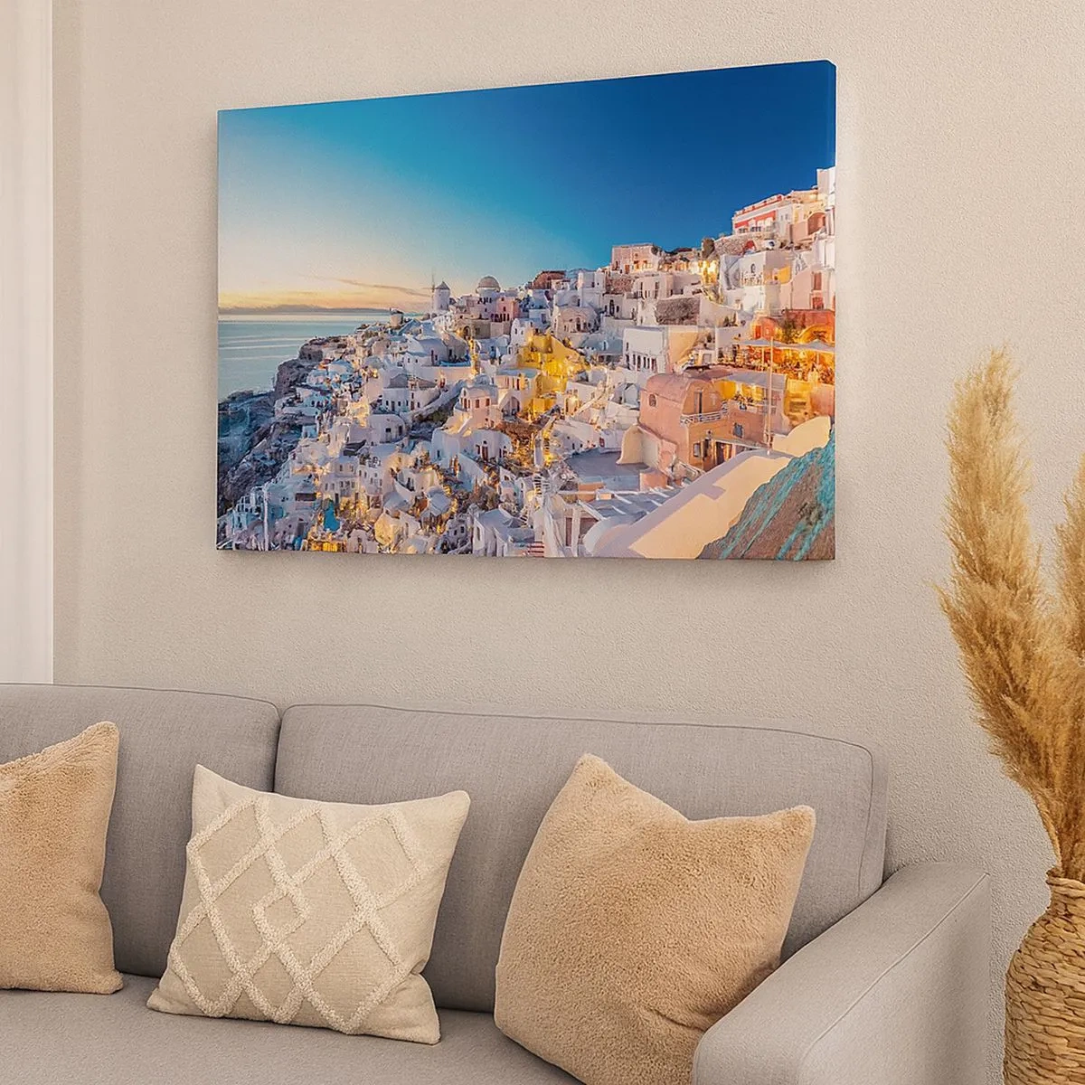 Bild auf Leinwand - Leinwandbild - Blick auf eine griechische Stadt bei Sonnenuntergang - 70x50cm - Die Essenz des Griechischen - Moderne Wanddekoration für Wohnzimmer und Schlafzimmer ARTTOR