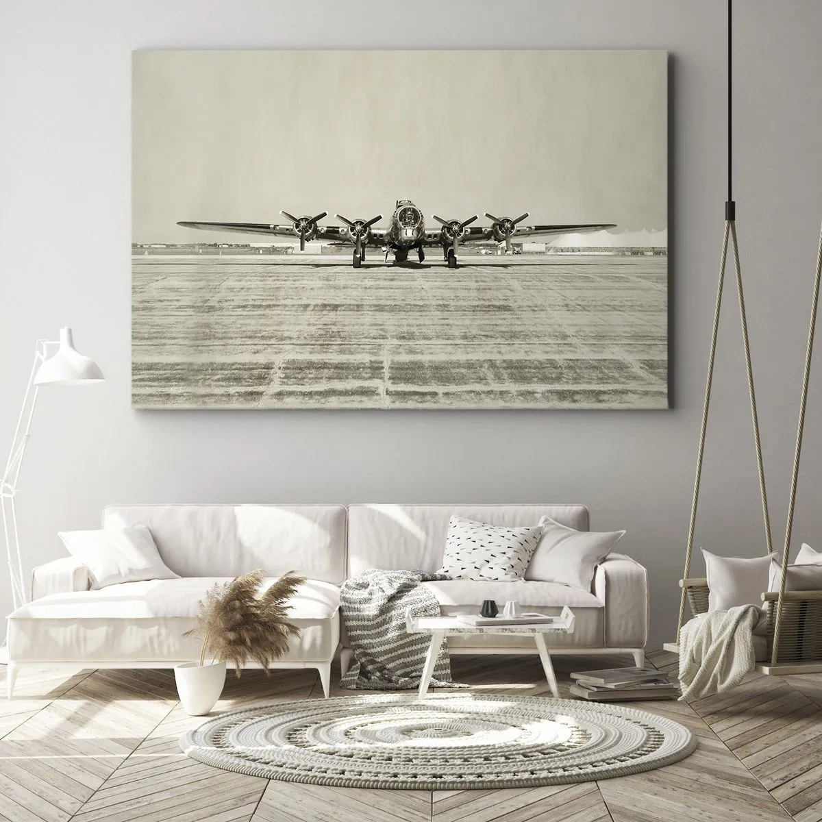 Bild auf Leinwand - Leinwandbild - Historisches Flugzeug auf dem Flughafen in Sepia - 120x80cm - Wie immer bereit - Moderne Wanddekoration für Wohnzimmer und Schlafzimmer ARTTOR