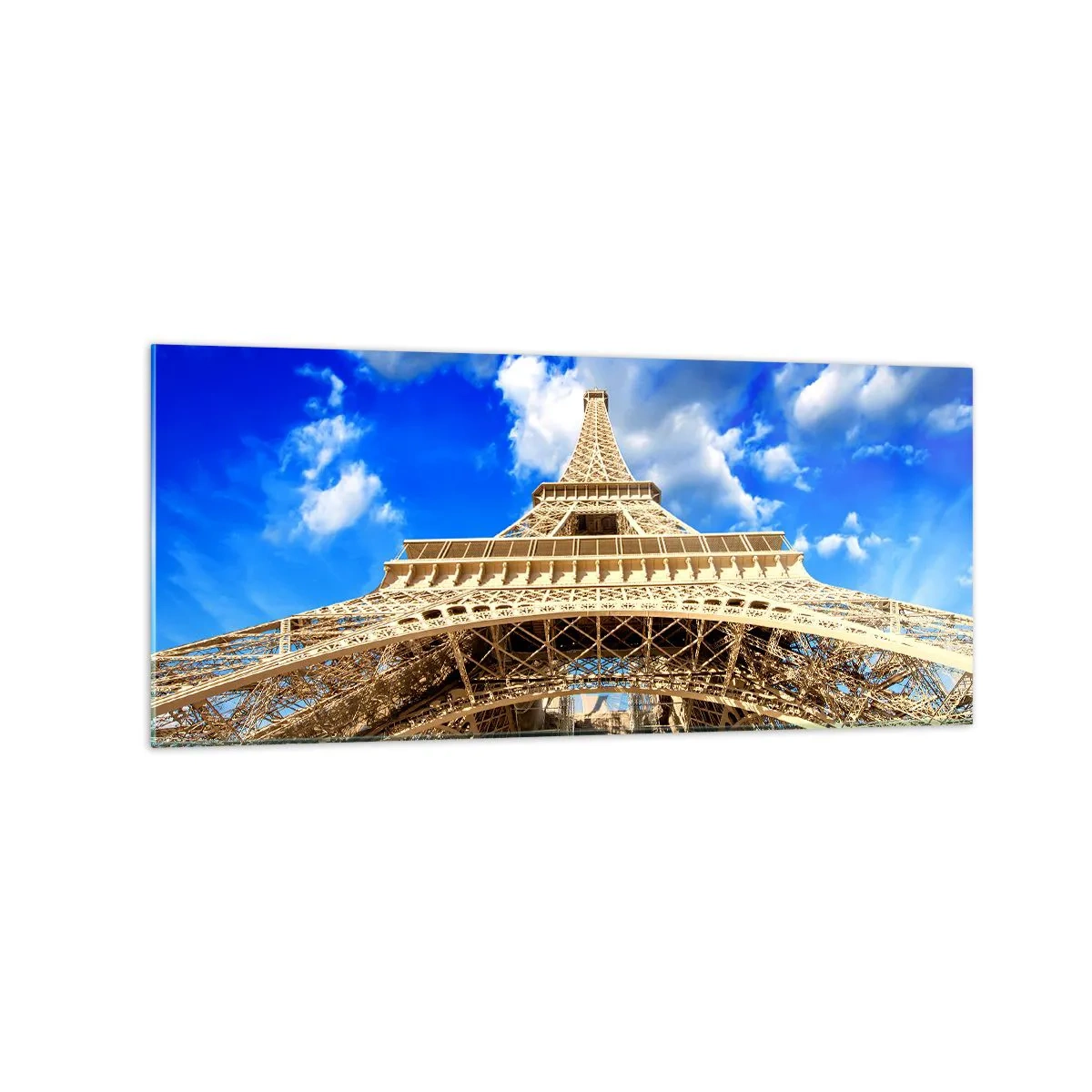 Glasbild - Bild auf glas - Der Eiffelturm von unten vor blauem Himmel - 120x50cm - In den Himmel und in die Wolken gehen - Moderne Wanddekoration für Wohnzimmer und Schlafzimmer ARTTOR