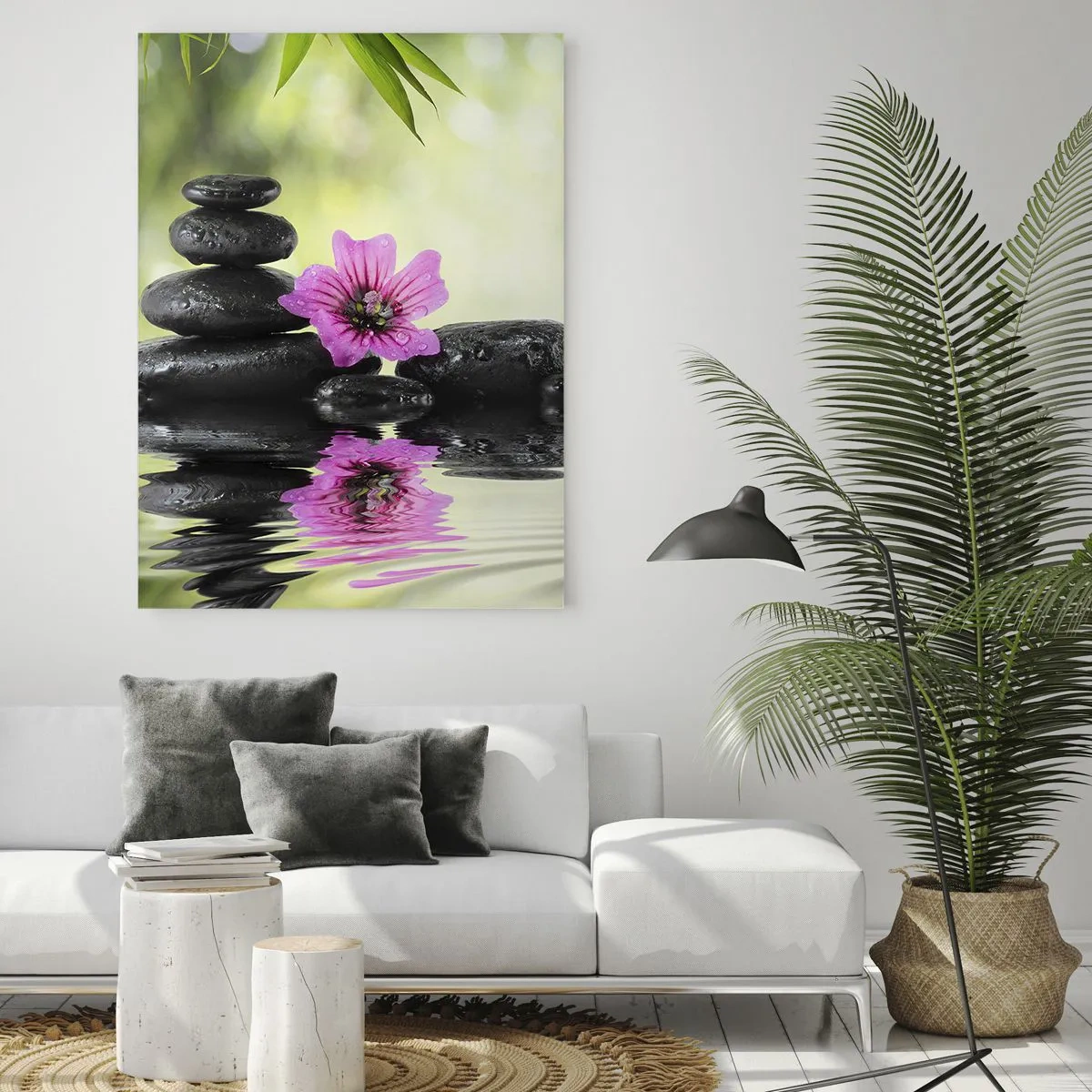 Glasbild - Bild auf glas - Schwarze Steine und eine rosa Blume vor dem Hintergrund der Natur - 50x70cm - Zeit für die Seele - Moderne Wanddekoration für Wohnzimmer und Schlafzimmer ARTTOR