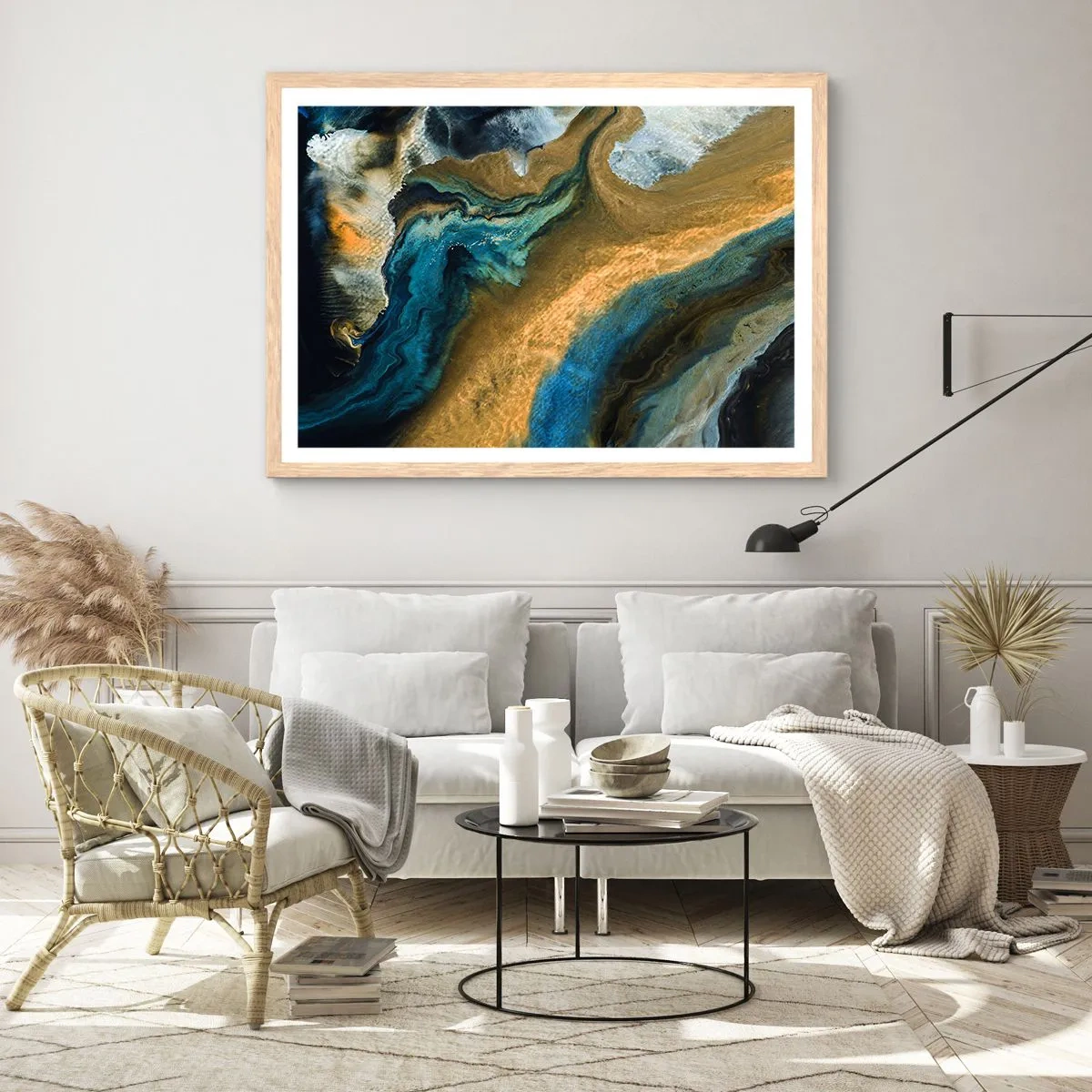 Poster in einem Rahmen aus heller Eiche - Blau - Gelb - gegenseitige Beeinflussung - 100x70 cm