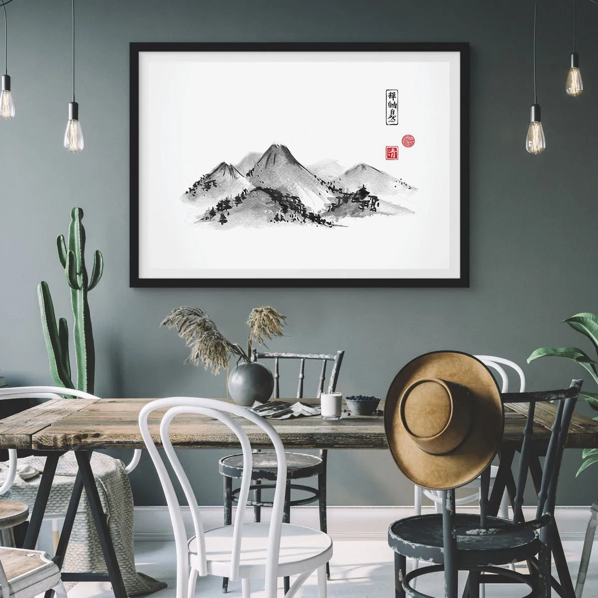Poster in einem schwarzem Rahmen - Traditionelle Berglandschaft im Stil der japanischen Tuschemalerei - 100x70cm - Unendliche Fernen - Moderne Wanddekoration für Wohnzimmer und Schlafzimmer ARTTOR