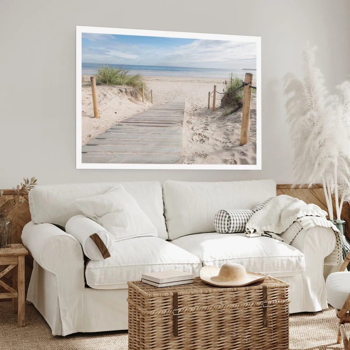 Poster - Ein Plankenweg, der zu einem Sandstrand führt - 100x70cm - Bis zum Horizont - Moderne Wanddekoration für Wohnzimmer und Schlafzimmer ARTTOR