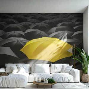 Fototapete Premium Sand - Ein gelber Regenschirm, der sich vom schwarzen Hintergrund abhebt - 100x70cm - Auf Wiedersehen Trauer - Moderne Wanddekoration für Wohnzimmer und Schlafzimmer ARTTOR