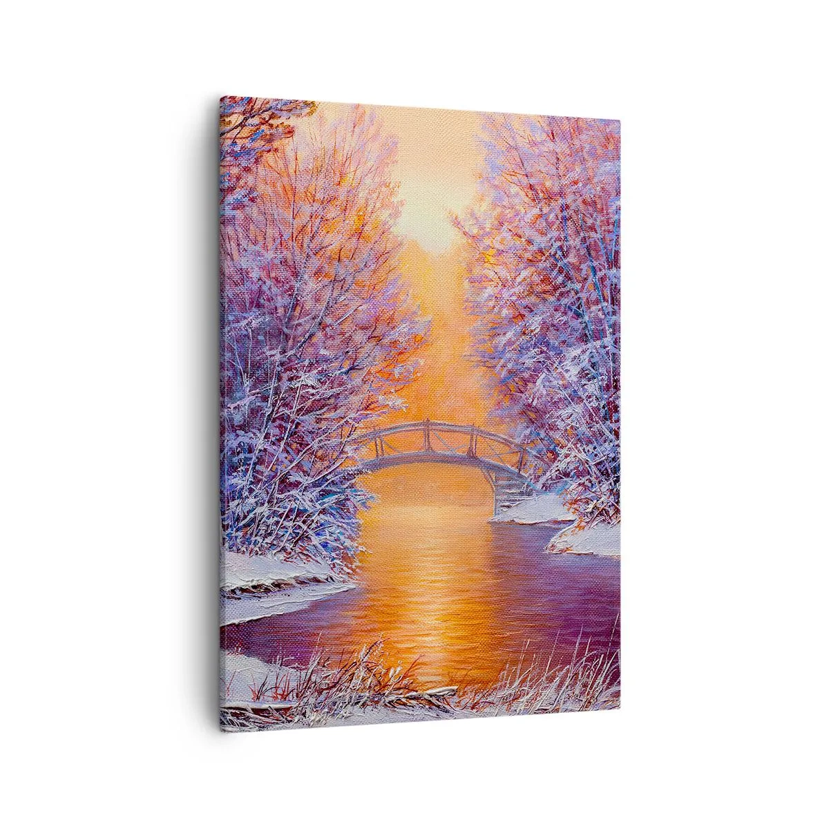 Bild auf Leinwand - Leinwandbild - Winterlandschaft mit Brücke und Sonnenuntergang - 50x70cm - Treffen wir uns hier - Moderne Wanddekoration für Wohnzimmer und Schlafzimmer ARTTOR