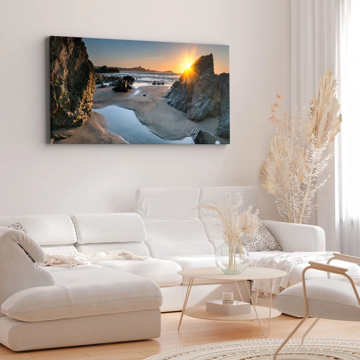 Bild auf Leinwand - Leinwandbild - Malerischer Sonnenuntergang an einem felsigen Strand - 140x50cm - Unberührt von menschlicher Hand - Moderne Wanddekoration für Wohnzimmer und Schlafzimmer ARTTOR