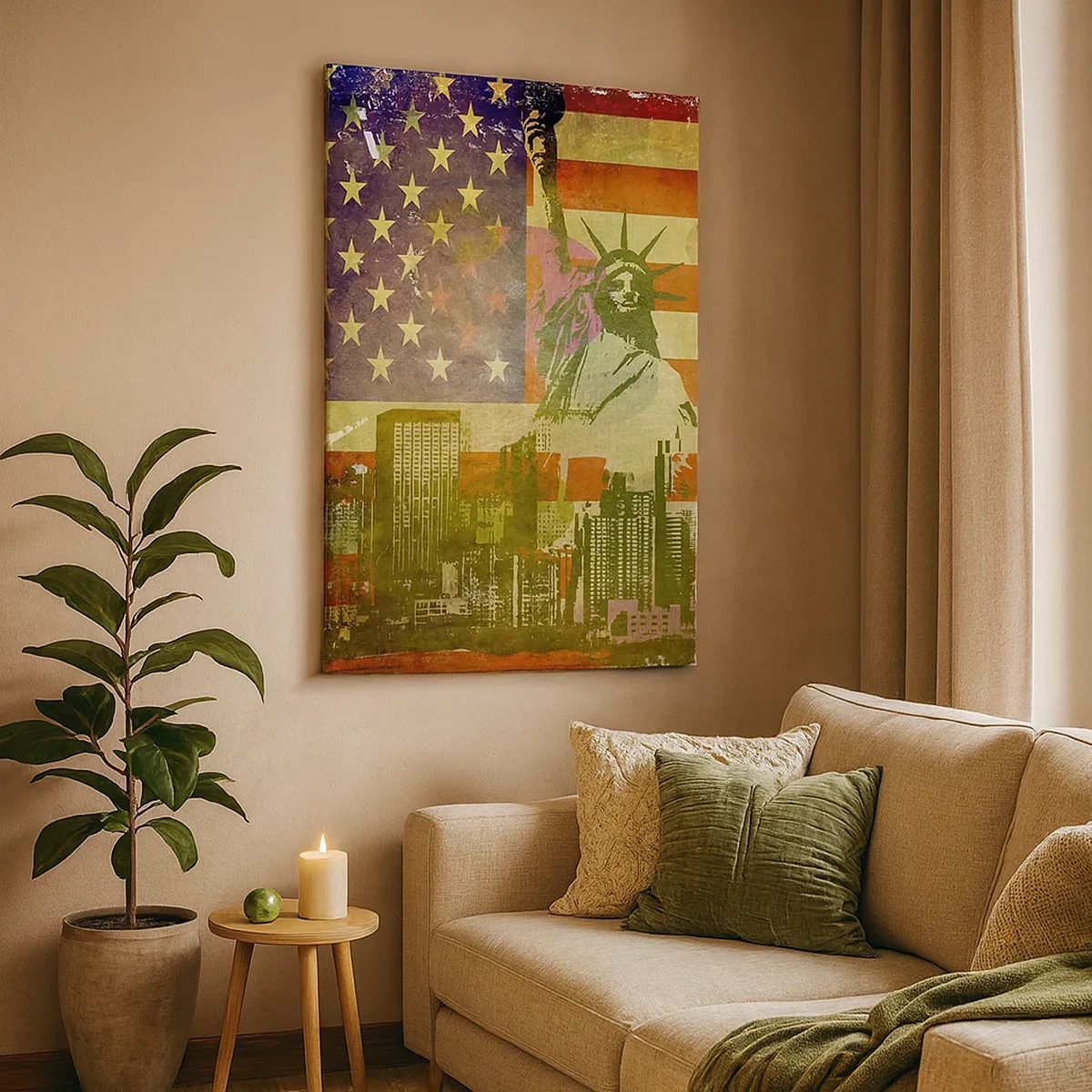 Bild auf Leinwand - Leinwandbild - Die Freiheitsstatue vor dem Hintergrund der amerikanischen Flagge und der Skyline der Stadt - 50x70cm - Viva Amerika! - Moderne Wanddekoration für Wohnzimmer und Schlafzimmer ARTTOR