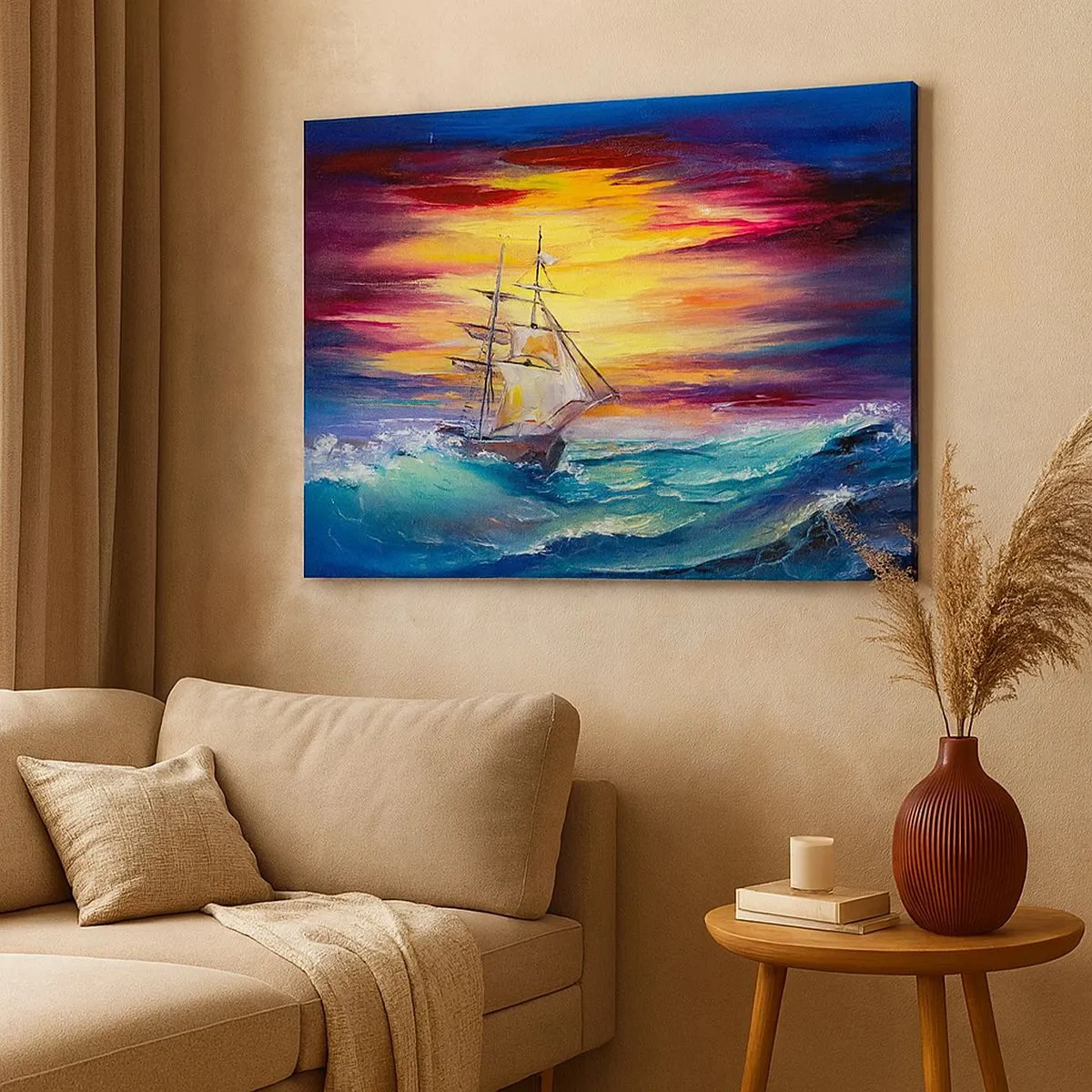 Bild auf Leinwand - Leinwandbild - Ein Segelschiff vor der Kulisse eines farbenfrohen Sonnenuntergangs - 70x50cm - Tapfer unter den Wellen - Moderne Wanddekoration für Wohnzimmer und Schlafzimmer ARTTOR