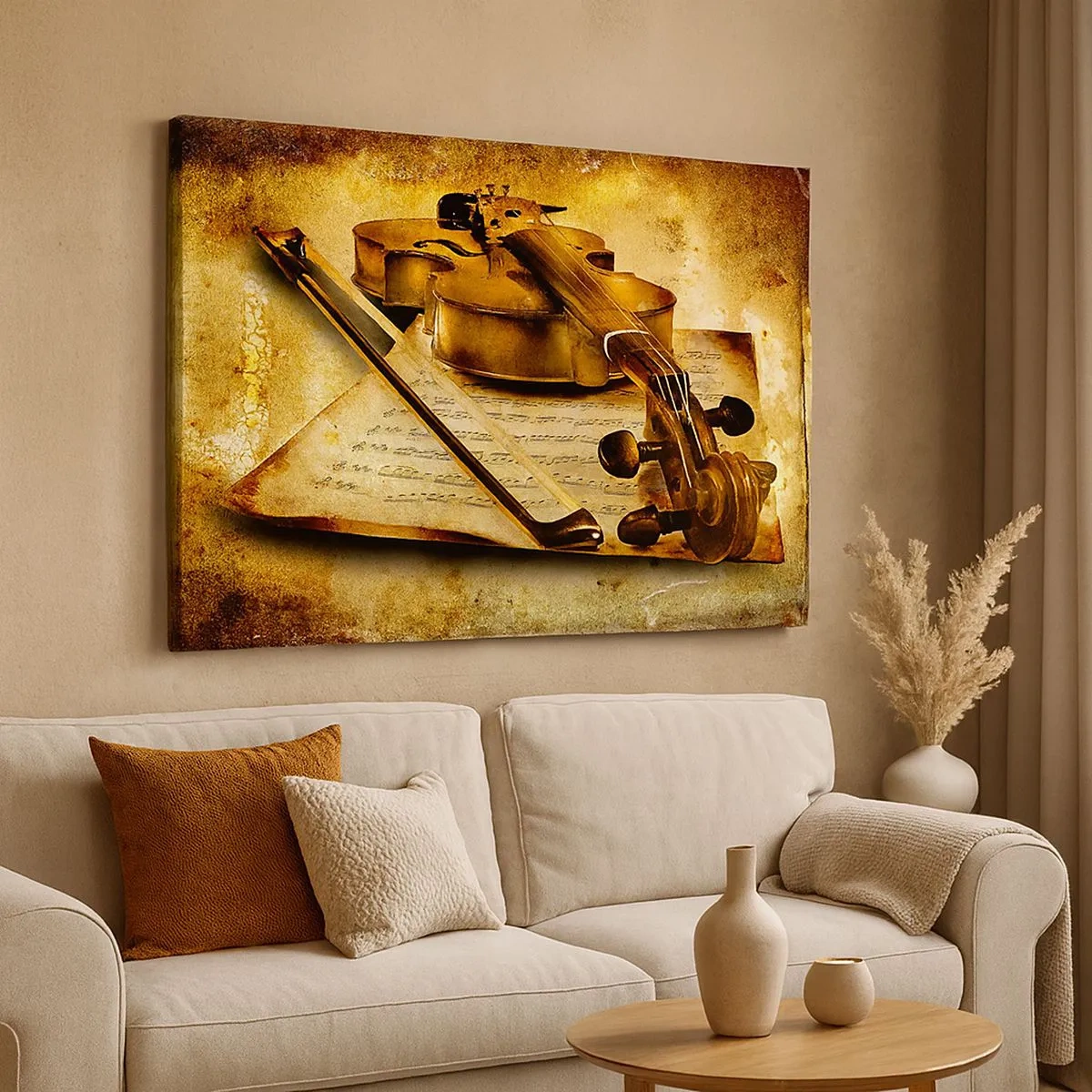 Bild auf Leinwand - Leinwandbild - Eine Geige mit Notenblättern vor einem Vintage-Hintergrund in warmen Tönen - 70x50cm - Ein Virtuose dringend benötigt - Moderne Wanddekoration für Wohnzimmer und Schlafzimmer ARTTOR