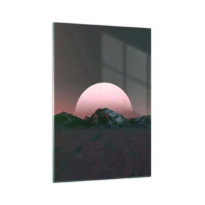 Glasbild - Bild auf glas - Geometrische Berge mit der untergehenden Sonne im Hintergrund - 70x100cm - In einer Nachbargalaxie - Moderne Wanddekoration für Wohnzimmer und Schlafzimmer ARTTOR