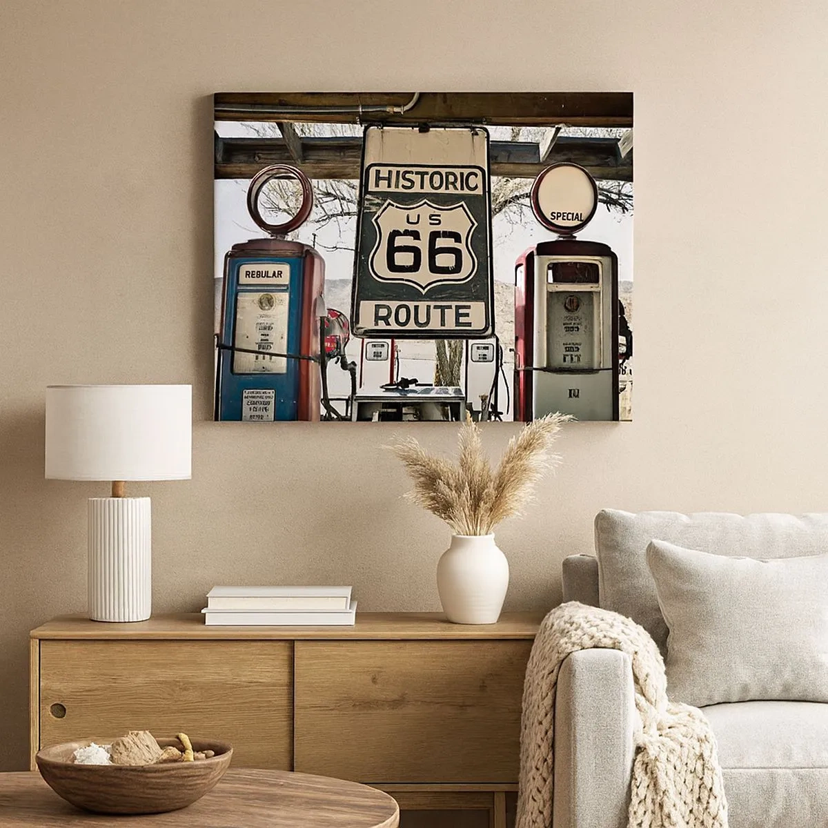 Bild auf Leinwand - Leinwandbild - Historische Tankstelle an der Route 66 - 70x50cm - Amerikanische Retro-Reise - Moderne Wanddekoration für Wohnzimmer und Schlafzimmer ARTTOR