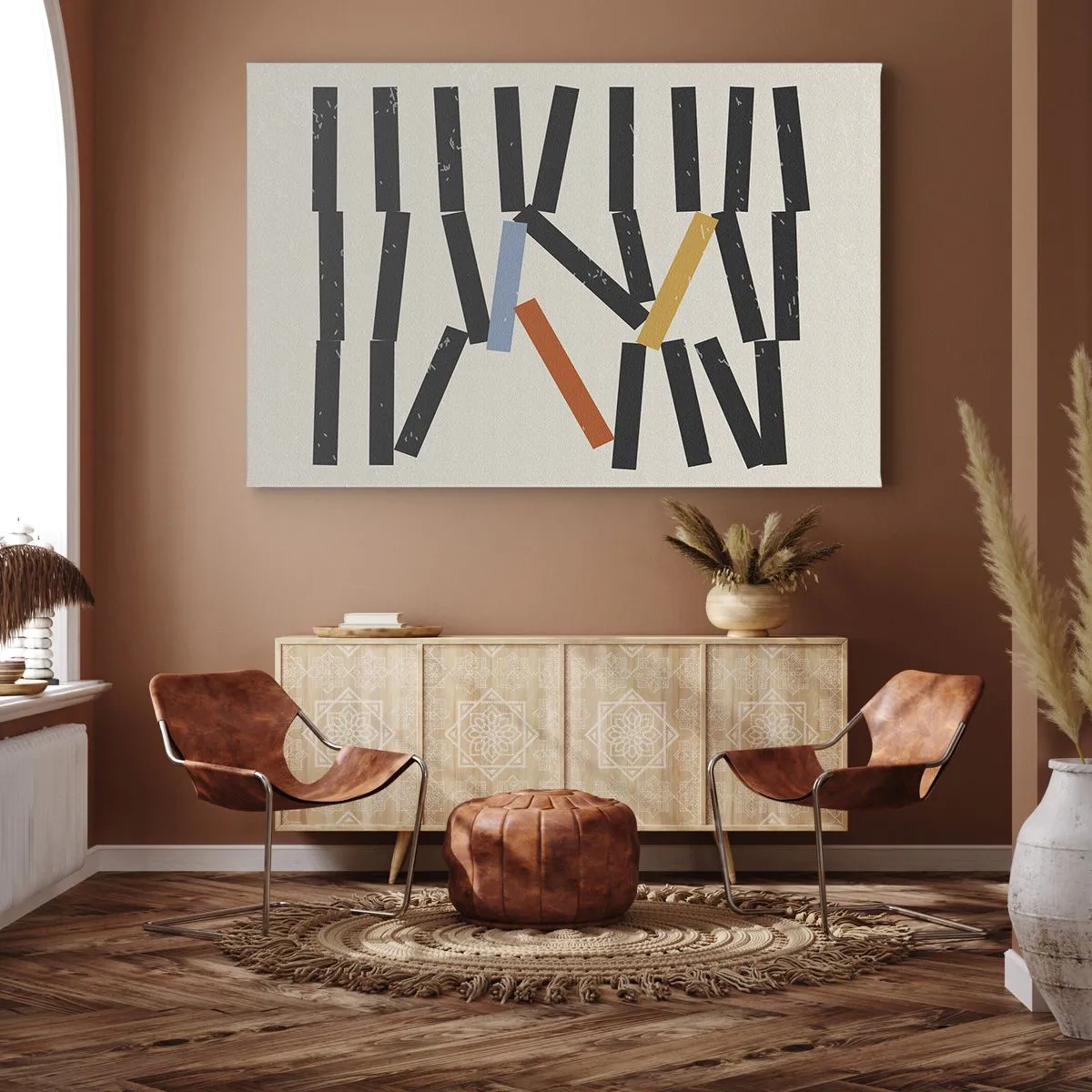 Bild auf Leinwand - Leinwandbild - Abstrakte Komposition mit farbigen und schwarzen Rechtecken - 70x50cm - Domino – Komposition - Moderne Wanddekoration für Wohnzimmer und Schlafzimmer ARTTOR
