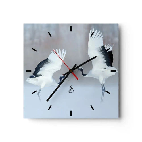 Wanduhr - Glasuhr - Zwei Kraniche tanzen in einer nebligen Landschaft - 30x30cm - Tanz im Nebel - Moderne Wanddekoration für Wohnzimmer und Schlafzimmer ARTTOR