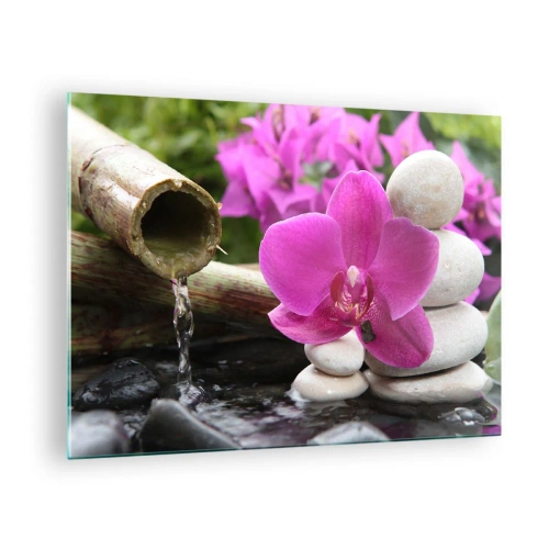Glasbild - Bild auf glas - Lila Orchidee, Steine und Bambus-Wasserfall - 70x50cm - Du ruhst dich schon aus - Moderne Wanddekoration für Wohnzimmer und Schlafzimmer ARTTOR