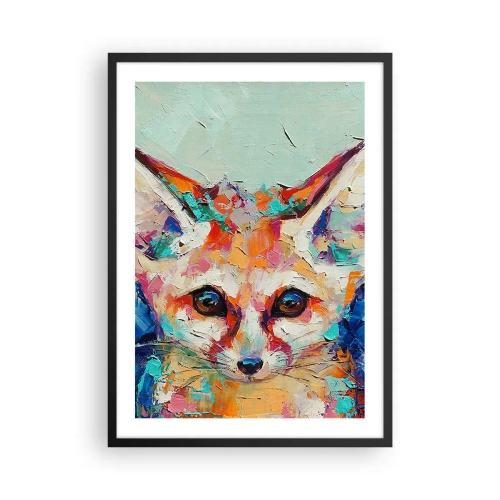 Poster in einem schwarzem Rahmen - Ein farbenfrohes abstraktes Porträt eines Fuchses mit ausdrucksstarkem Blick. - 50x70cm - Bist du bereit für mich? - Moderne Wanddekoration für Wohnzimmer und Schlafzimmer ARTTOR
