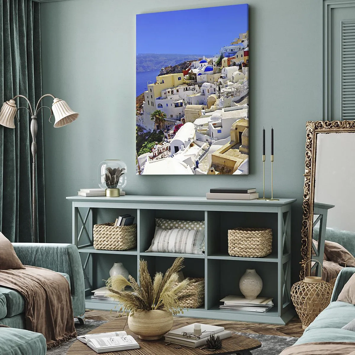 Bild auf Leinwand - Leinwandbild - Panorama von Santorini mit weißen Häusern und blauem Himmel - 50x70cm - Der Traum vom griechischen Sommer - Moderne Wanddekoration für Wohnzimmer und Schlafzimmer ARTTOR