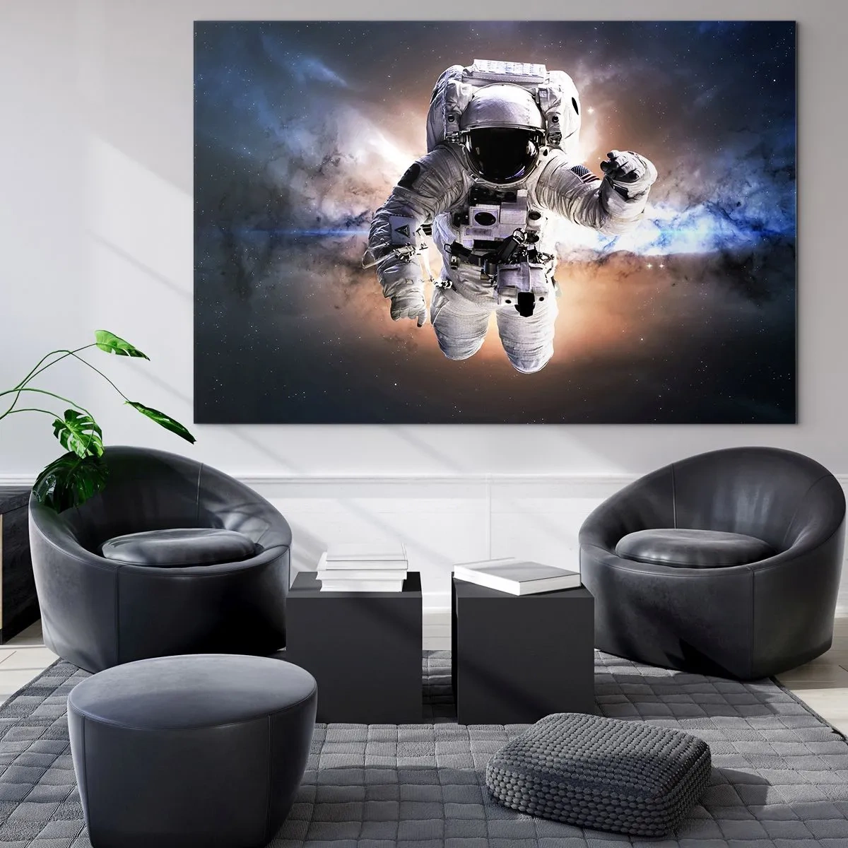 Glasbild - Bild auf glas - Astronaut im Weltraum mit einer Galaxie im Hintergrund - 70x50cm - Grüße aus dem Weltall - Moderne Wanddekoration für Wohnzimmer und Schlafzimmer ARTTOR
