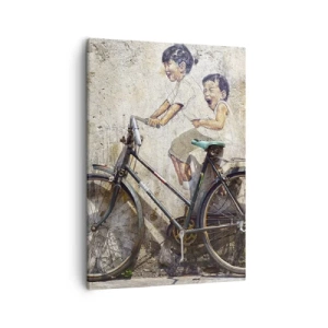 Bild auf Leinwand - Leinwandbild - Streetart mit Fahrrad und Kinderzeichnungen an der Wand - 50x70cm - Richtig oder falsch? - Moderne Wanddekoration für Wohnzimmer und Schlafzimmer ARTTOR
