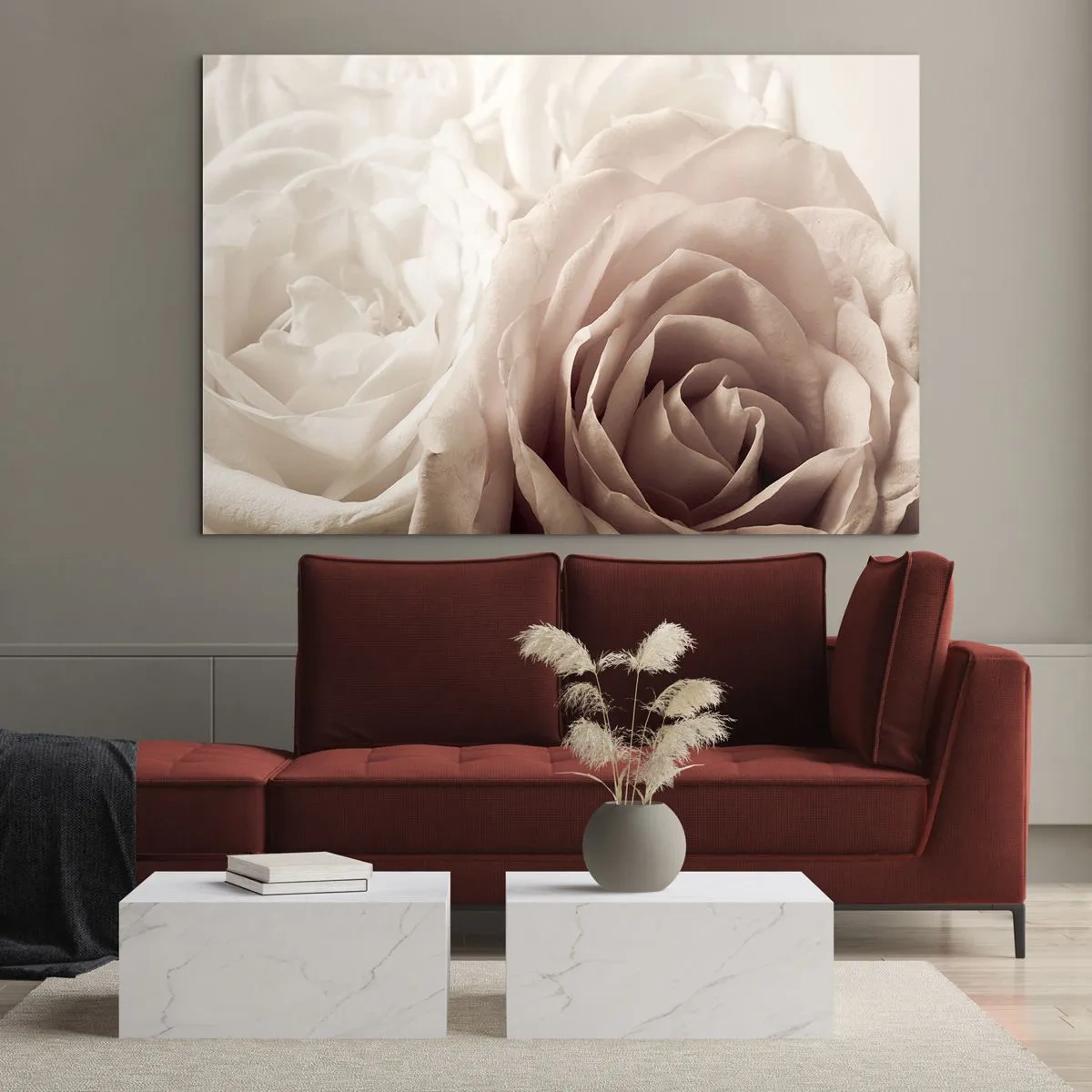 Glasbild - Bild auf glas - Zarte helle Rosen in romantischer Nahaufnahme - 100x70cm - Im Herzen der Rose - Moderne Wanddekoration für Wohnzimmer und Schlafzimmer ARTTOR