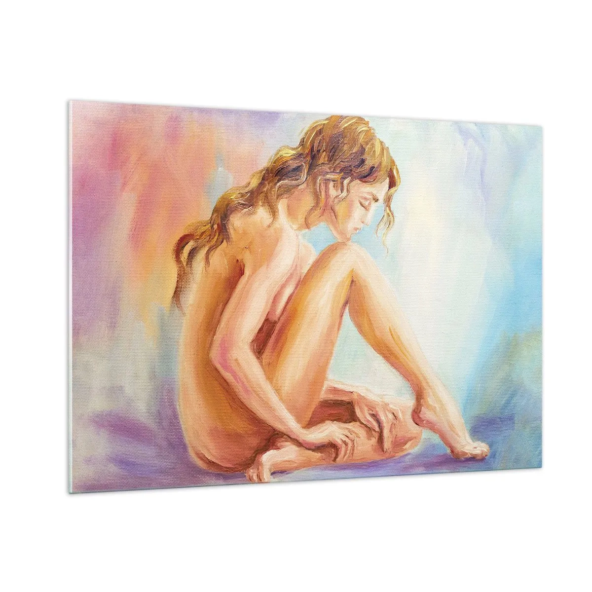 Glasbild - Bild auf glas - Eine Frau in subtiler Reflexion vor einem Hintergrund in Pastellfarben - 100x70cm - Akt der Jugend - Moderne Wanddekoration für Wohnzimmer und Schlafzimmer ARTTOR