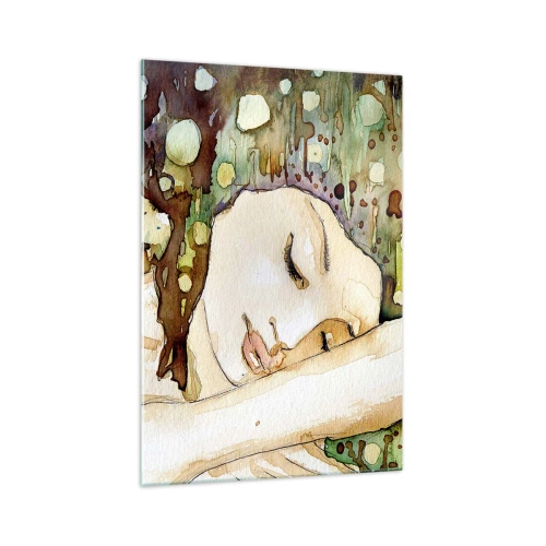 Glasbild - Bild auf glas - Eine träumende Frau, umgeben von abstrakten Formen und Farben. - 70x100cm - Ein smaragd-violetter Traum - Moderne Wanddekoration für Wohnzimmer und Schlafzimmer ARTTOR