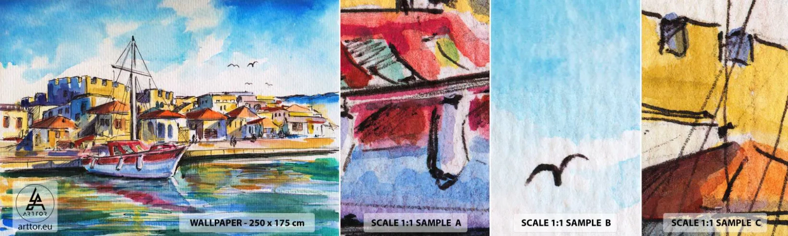 Fototapetenmuster Standard Eco - Regenbogennachmittag - Hafen, Yacht, Strand - 100x30 cm