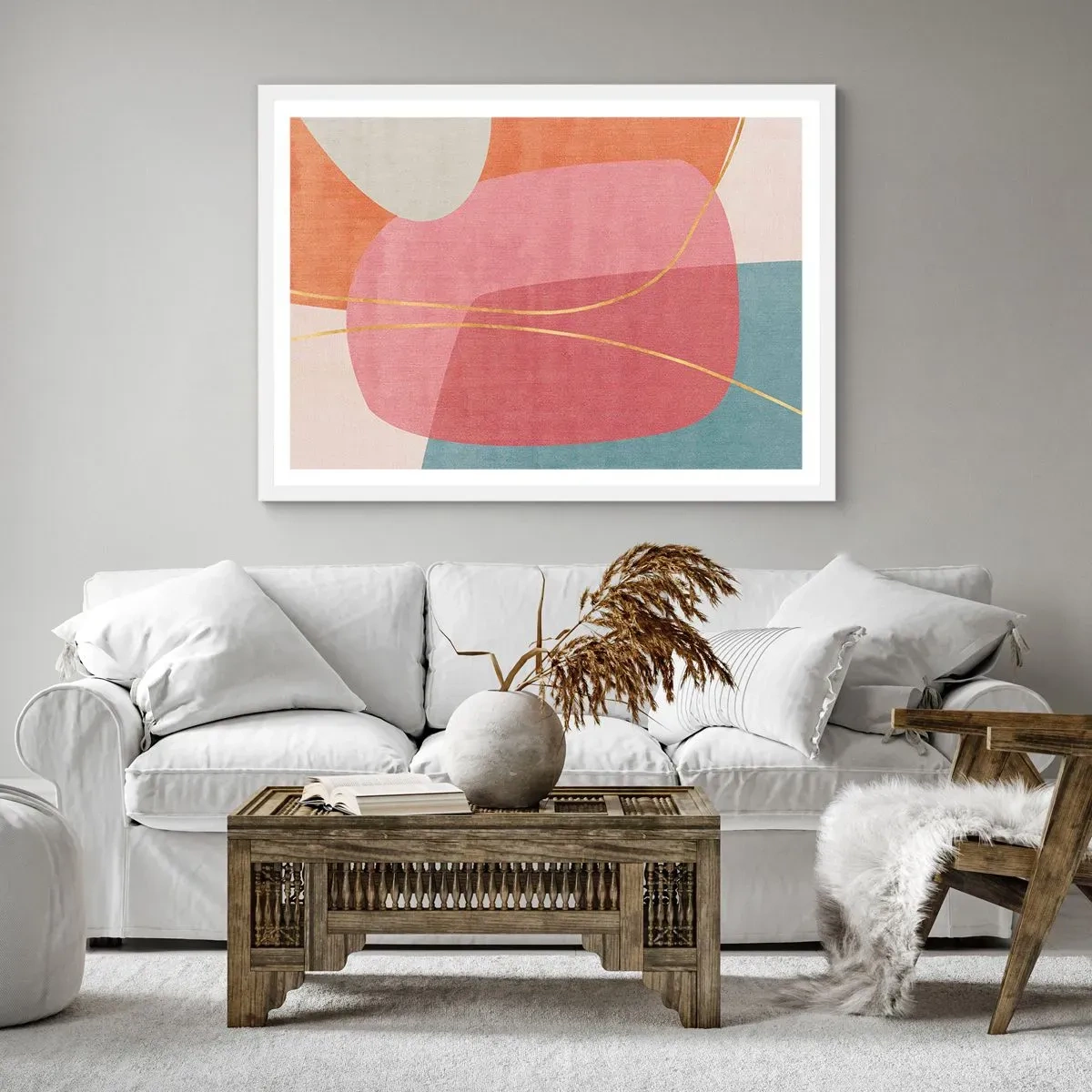 Poster in einem weißen Rahmen - Pastellkomposition mit Goldfaden - 100x70 cm