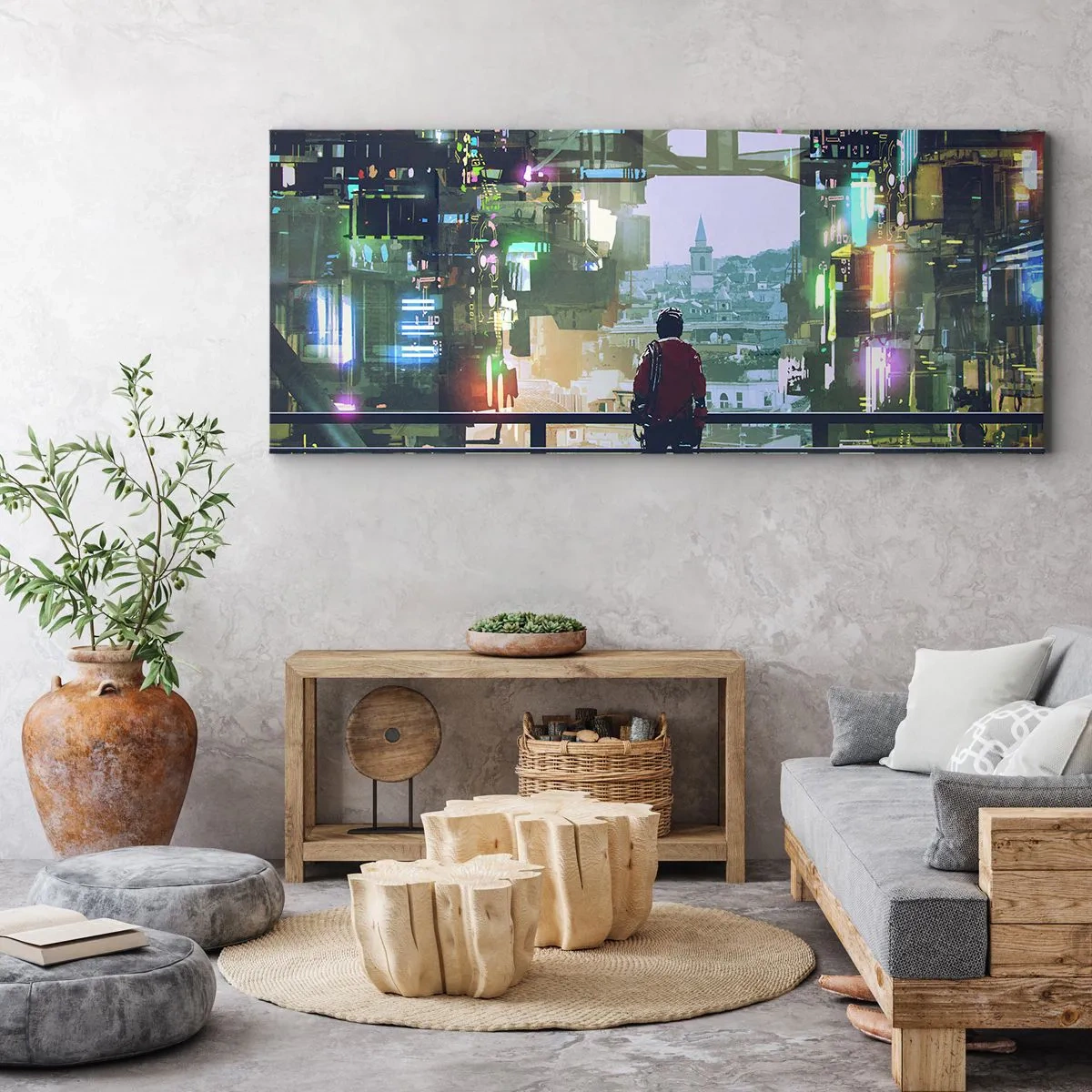 Bild auf Leinwand - Leinwandbild - Eine Figur in einer futuristischen Stadt mit Neonlichtern - 160x50cm - Zwei Welten - Moderne Wanddekoration für Wohnzimmer und Schlafzimmer ARTTOR