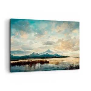 Bild auf Leinwand - Leinwandbild - Eine malerische Landschaft mit einem Berg und einem ruhigen See - 100x70cm - Unter dem Schutz des Himmels - Moderne Wanddekoration für Wohnzimmer und Schlafzimmer ARTTOR
