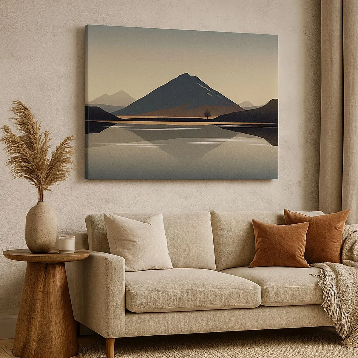 Bild auf Leinwand - Leinwandbild - Minimalistische Berglandschaft mit Spiegelung im Wasser - 70x50cm - Spiegelreflexion - Moderne Wanddekoration für Wohnzimmer und Schlafzimmer ARTTOR