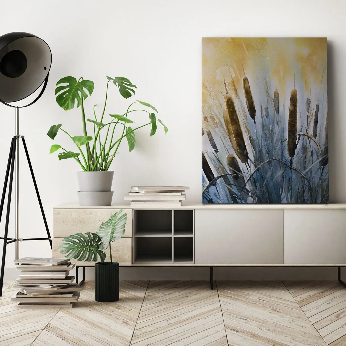 Bild auf Leinwand - Leinwandbild - Malerisches Schilf in den Sonnenstrahlen - 50x70cm - Die Kälte des Wassers, die Hitze der Sonne - Moderne Wanddekoration für Wohnzimmer und Schlafzimmer ARTTOR
