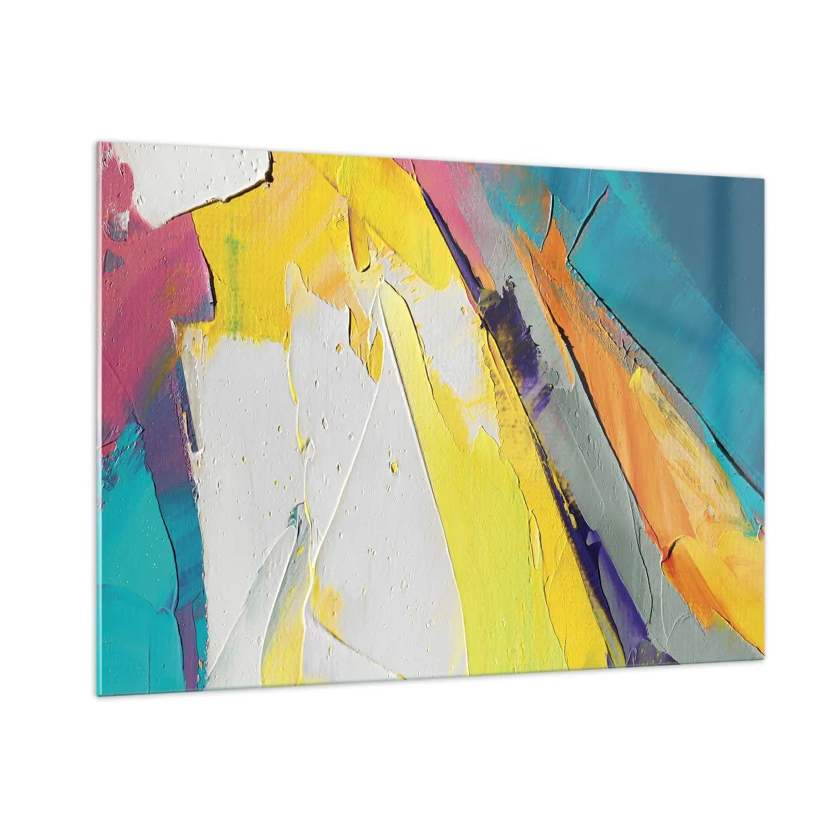 Glasbild - Bild auf glas - Abstrakte Pinselstriche in Gelb, Blau und Weiß - 100x70cm - Die Anatomie des Lichts - Moderne Wanddekoration für Wohnzimmer und Schlafzimmer ARTTOR