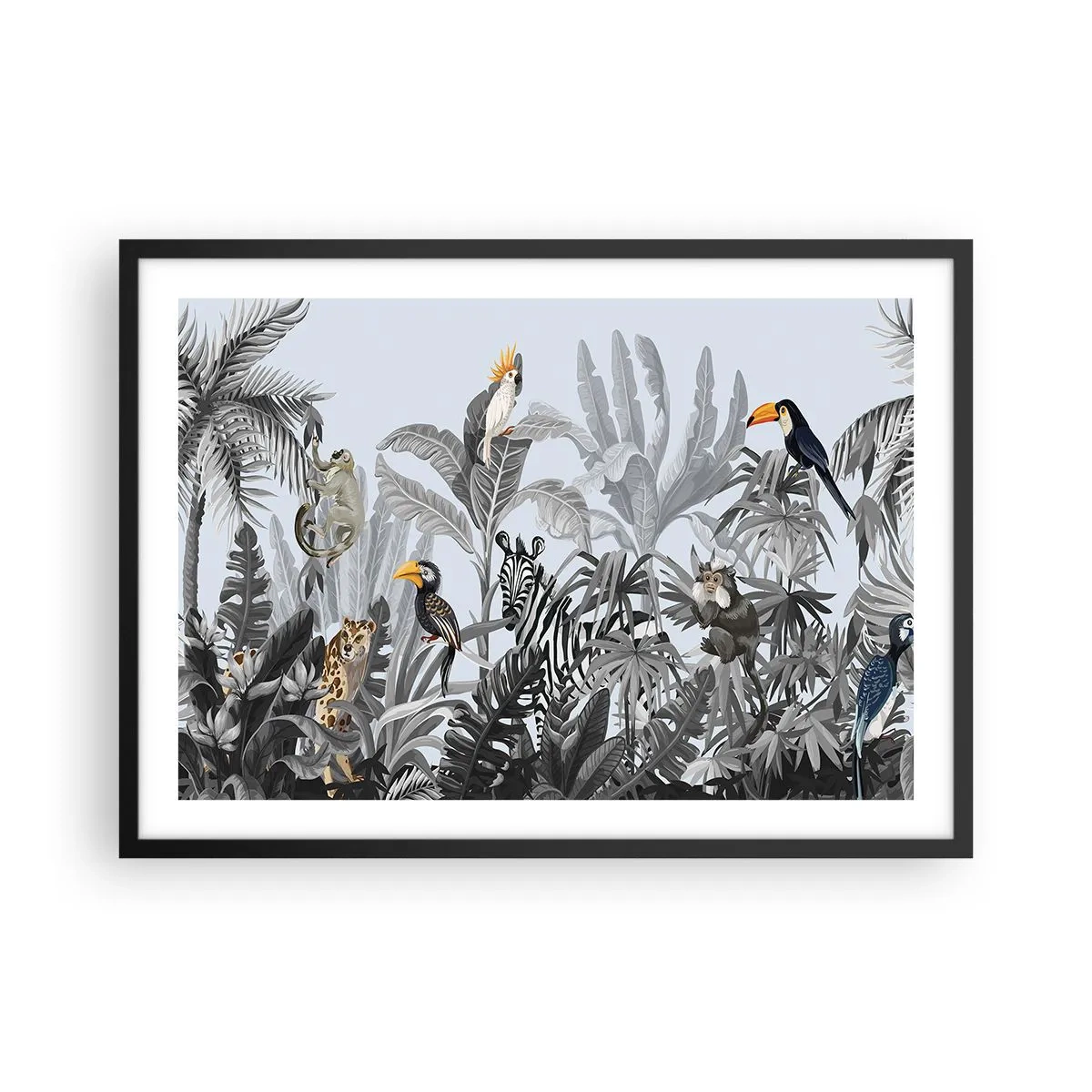 Poster in einem schwarzem Rahmen - Tropischer Dschungel mit exotischen Tieren auf grauem Hintergrund - 70x50cm - Afrikanisches Märchen - Moderne Wanddekoration für Wohnzimmer und Schlafzimmer ARTTOR