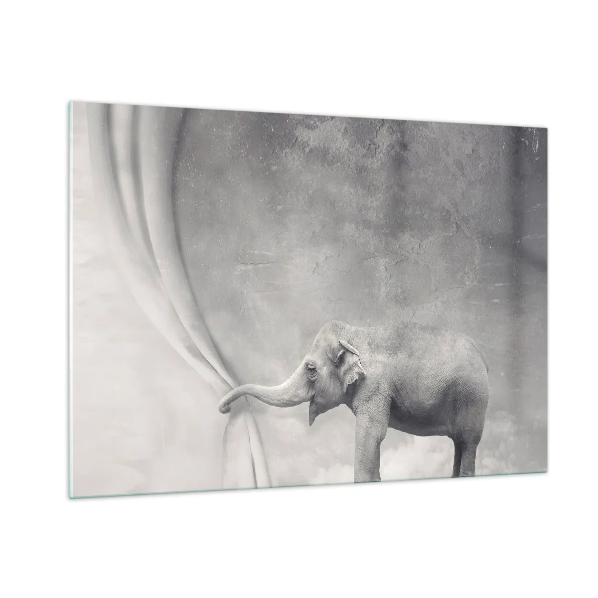 Glasbild - Bild auf glas - Ein Elefant in einer surrealen Umgebung mit einem Vorhang - 100x70cm - Enthülle das Geheimnis - Moderne Wanddekoration für Wohnzimmer und Schlafzimmer ARTTOR