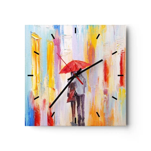 Wanduhr - Glasuhr - Ein Paar unter einem roten Regenschirm mit bunten Gebäuden im Hintergrund. - 30x30cm - Lass es weiter regnen - Moderne Wanddekoration für Wohnzimmer und Schlafzimmer ARTTOR